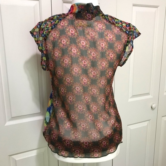 Desigual Sheer Floral Tie V-Neck Blouse S Y2K Cap Sleeve Art Print - Picture 3 of 17
